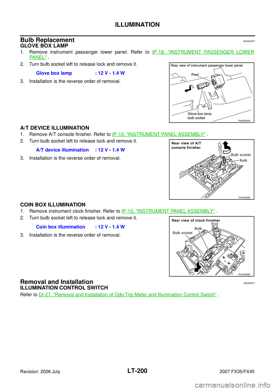 INFINITI FX35 2007  Service Manual LT-200
ILLUMINATION
Revision: 2006 July 2007 FX35/FX45
Bulb ReplacementNKS003N7
GLOVE BOX LAMP
1. Remove instrument passenger lower panel. Refer to IP-18, "INSTRUMENT PASSENGER LOWER
PA N E L" . 
2. T