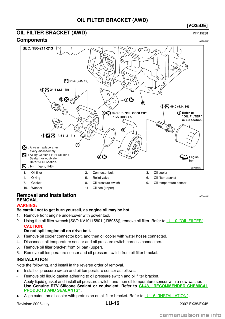 INFINITI FX35 2007  Service Manual LU-12
[VQ35DE]
OIL FILTER BRACKET (AWD)
Revision: 2006 July 2007 FX35/FX45
OIL FILTER BRACKET (AWD)PFP:15238
ComponentsNBS003J3
Removal and InstallationNBS003J4
REMOVAL
WARNING: 
Be careful not to get