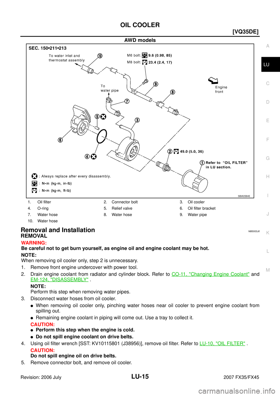 INFINITI FX35 2007  Service Manual OIL COOLER LU-15
[VQ35DE]
C 
D  E 
F 
G  H 
I 
J 
K  L 
M  A
LU 
Revision: 2006 July  2007 FX35/FX45
AWD models
Removal and InstallationNBS003J6
REMOVAL
WARNING: 
Be careful not to get burn yourself, 
