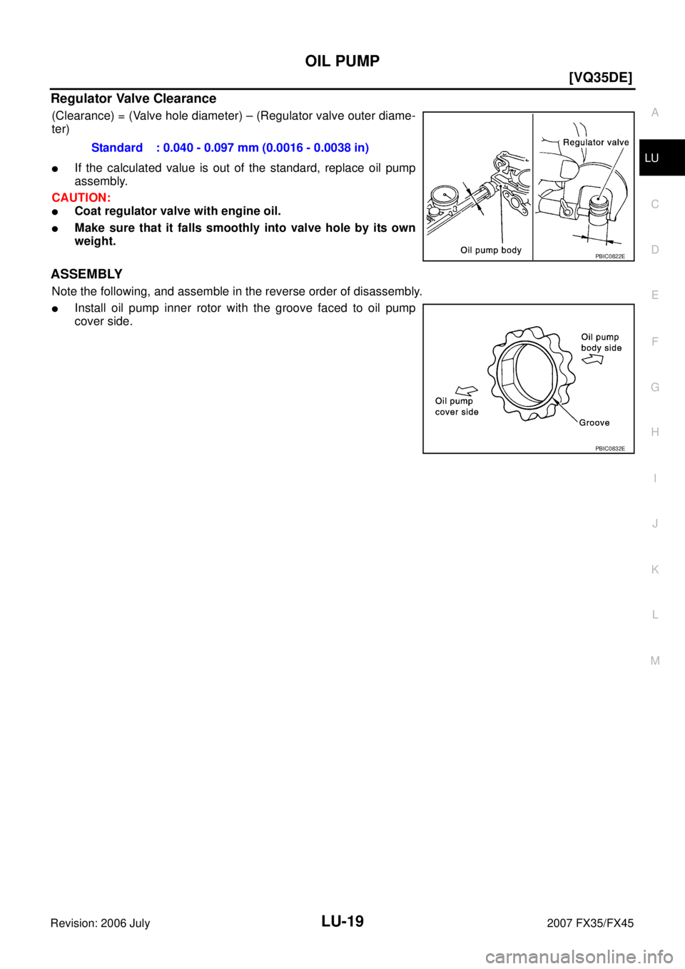 INFINITI FX35 2007  Service Manual OIL PUMP LU-19
[VQ35DE]
C 
D  E 
F 
G  H 
I 
J 
K  L 
M  A
LU 
Revision: 2006 July  2007 FX35/FX45
Regulator Valve Clearance
(Clearance) = (Valve hole diameter) – (Regulator valve outer diame- 
ter)