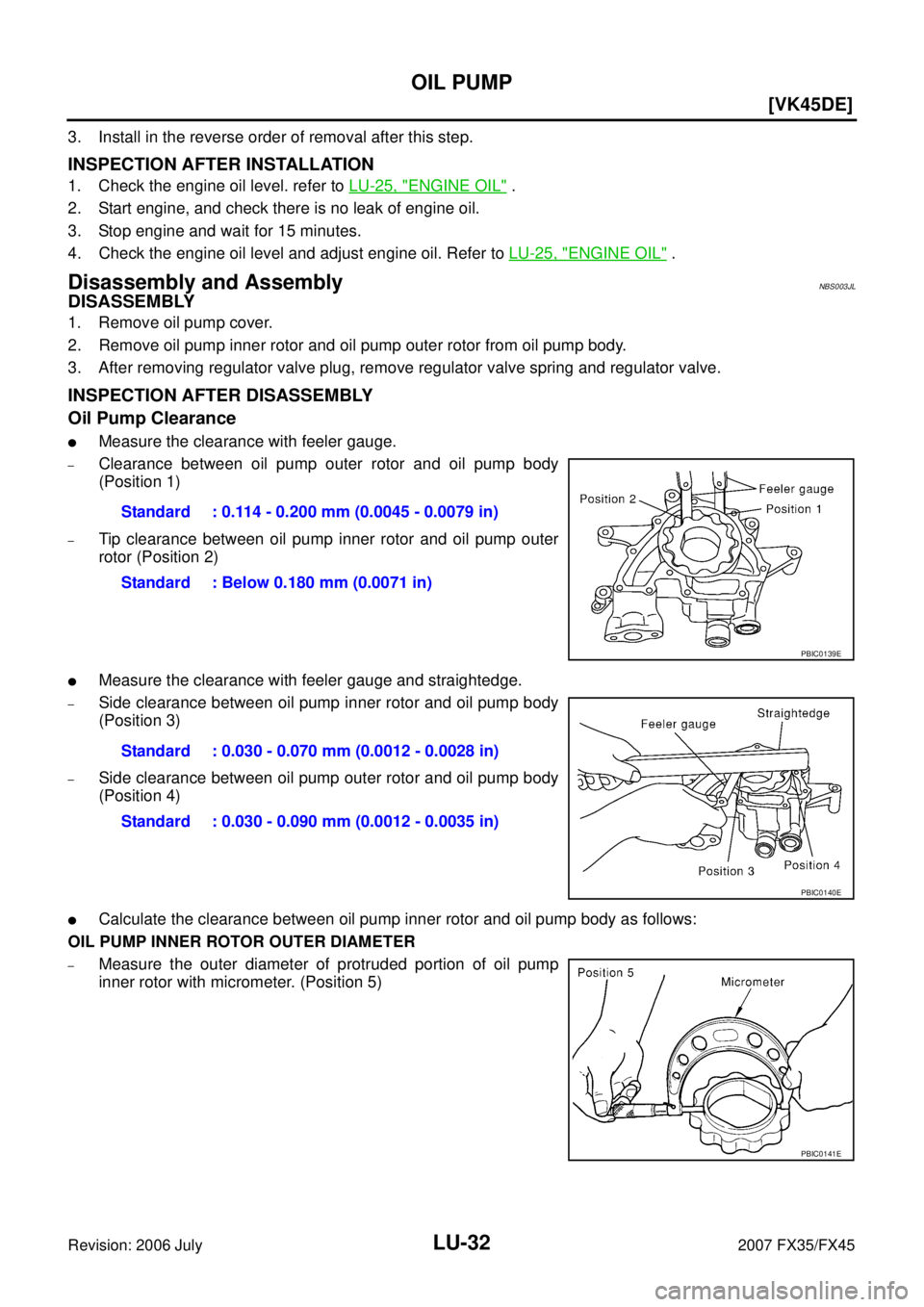 INFINITI FX35 2007  Service Manual LU-32
[VK45DE]
OIL PUMP
Revision: 2006 July 2007 FX35/FX45
3. Install in the reverse order of removal after this step.
INSPECTION AFTER INSTALLATION
1. Check the engine oil level. refer to LU-25, "ENG