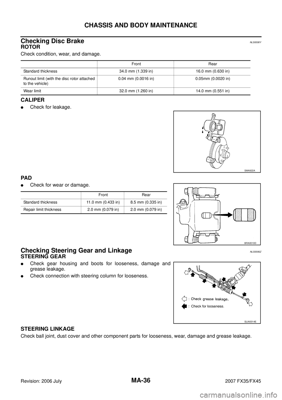 INFINITI FX35 2007  Service Manual MA-36
CHASSIS AND BODY MAINTENANCE
Revision: 2006 July 2007 FX35/FX45
Checking Disc BrakeNLS0006Y
ROTOR
Check condition, wear, and damage.
CALIPER
Check for leakage.
PA D
Check for wear or damage.
C