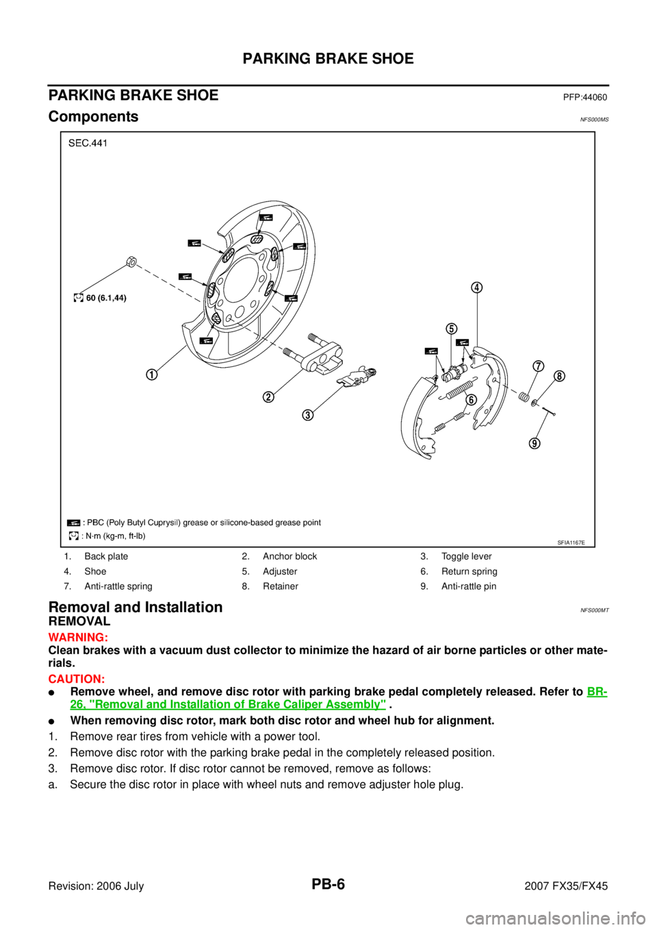 INFINITI FX35 2007  Service Manual PB-6
PARKING BRAKE SHOE
Revision: 2006 July 2007 FX35/FX45
PARKING BRAKE SHOEPFP:44060
ComponentsNFS000MS
Removal and InstallationNFS000MT
REMOVAL
WARNING: 
Clean brakes with a vacuum dust collector t