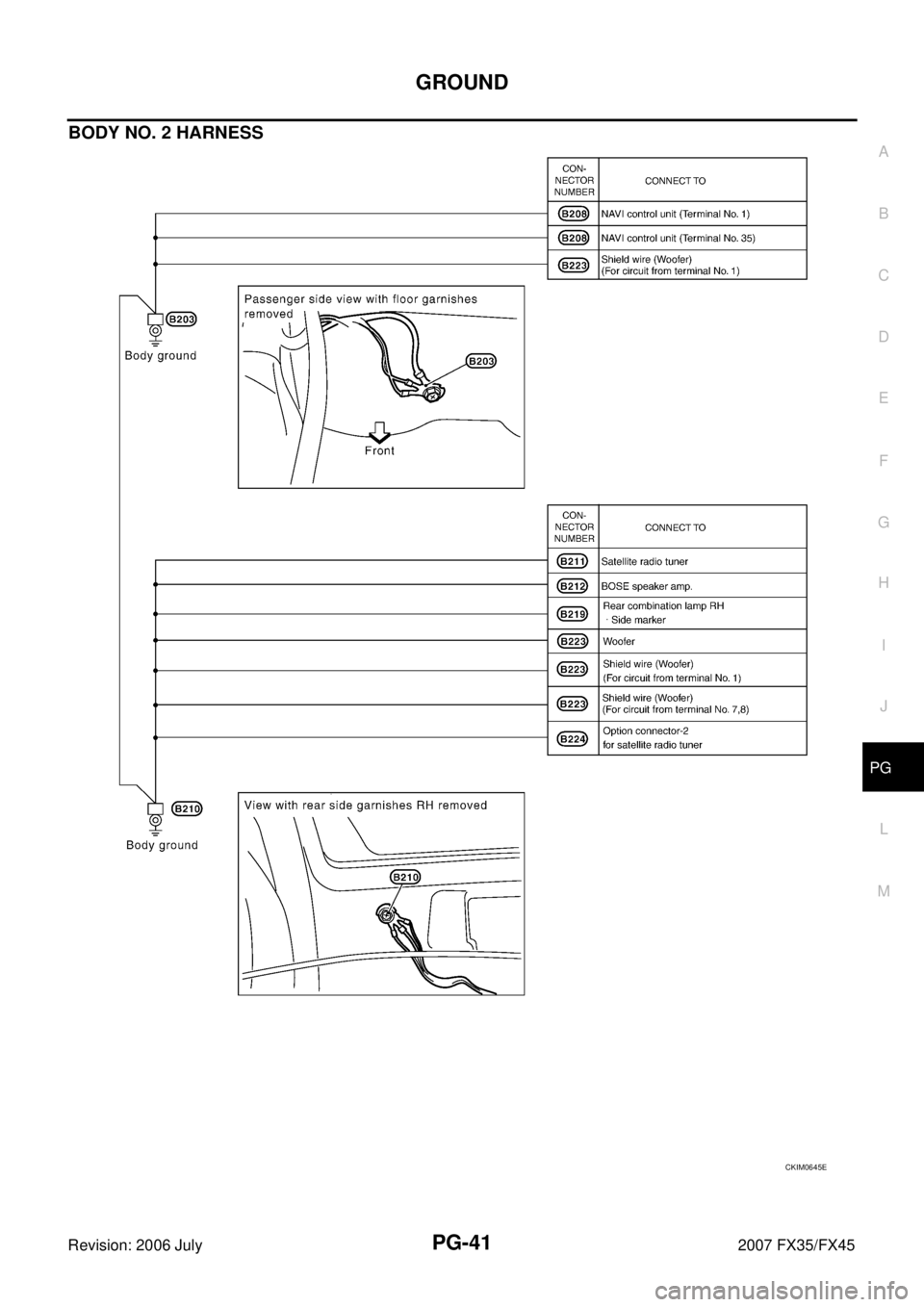 INFINITI FX35 2007  Service Manual GROUND PG-41
C 
D  E 
F 
G  H 
I 
J 
L 
M  A 
B
PG 
Revision: 2006 July  2007 FX35/FX45
BODY NO. 2 HARNESS
CKIM0645E 