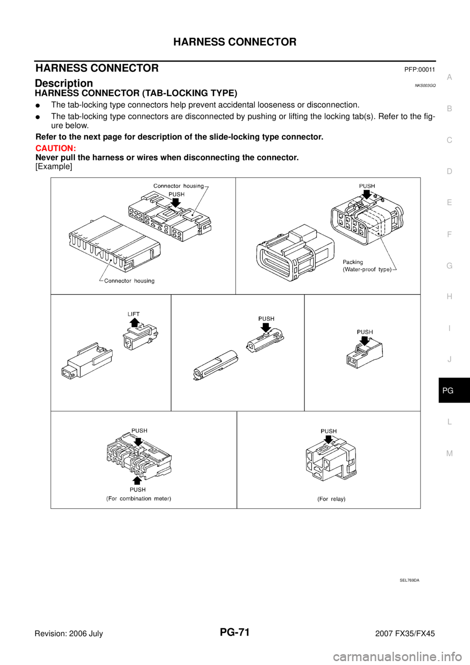INFINITI FX35 2007  Service Manual HARNESS CONNECTOR PG-71
C 
D  E 
F 
G  H 
I 
J 
L 
M  A 
B
PG 
Revision: 2006 July  2007 FX35/FX45
HARNESS CONNECTOR PFP:00011
DescriptionNKS003GQ
HARNESS CONNECTOR (TAB-LOCKING TYPE) 
The tab-lockin