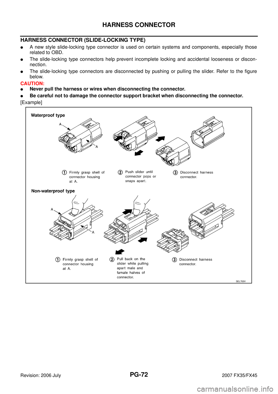 INFINITI FX35 2007  Service Manual PG-72
HARNESS CONNECTOR
Revision: 2006 July 2007 FX35/FX45
HARNESS CONNECTOR (SLIDE-LOCKING TYPE)
A new style slide-locking type connector is used on certain systems and components, especially those 