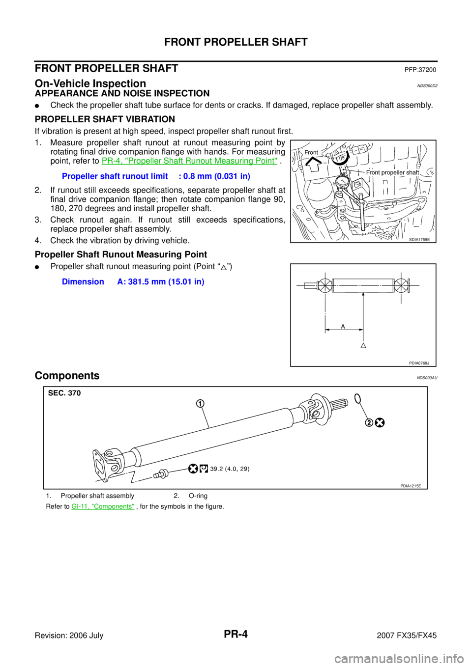INFINITI FX35 2007 Service Manual PR-4
FRONT PROPELLER SHAFT
Revision: 2006 July 2007 FX35/FX45
FRONT PROPELLER SHAFTPFP:37200
On-Vehicle InspectionNDS000D2
APPEARANCE AND NOISE INSPECTION
Check the propeller shaft tube surface for d INFINITI FX35 2007 Service Manual PR-4
FRONT PROPELLER SHAFT
Revision: 2006 July 2007 FX35/FX45
FRONT PROPELLER SHAFTPFP:37200
On-Vehicle InspectionNDS000D2
APPEARANCE AND NOISE INSPECTION
Check the propeller shaft tube surface for d
