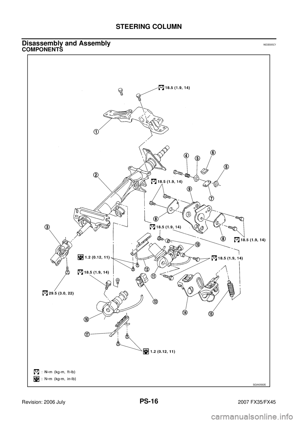 INFINITI FX35 2007  Service Manual PS-16
STEERING COLUMN
Revision: 2006 July 2007 FX35/FX45
Disassembly and AssemblyNGS000C1
COMPONENTS
SGIA0592E 