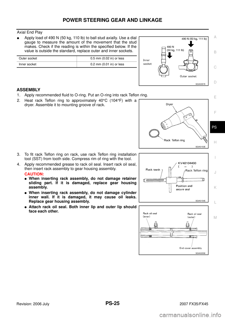 INFINITI FX35 2007 Service Manual POWER STEERING GEAR AND LINKAGE PS-25
C
D E
F
H I
J
K L
M A
B
PS
Revision: 2006 July 2007 FX35/FX45
Axial End Play
Apply load of 490 N (50 kg, 110 lb) to ball stud axially. Use a dial
g INFINITI FX35 2007 Service Manual POWER STEERING GEAR AND LINKAGE PS-25
C
D E
F
H I
J
K L
M A
B
PS
Revision: 2006 July 2007 FX35/FX45
Axial End Play
Apply load of 490 N (50 kg, 110 lb) to ball stud axially. Use a dial
g