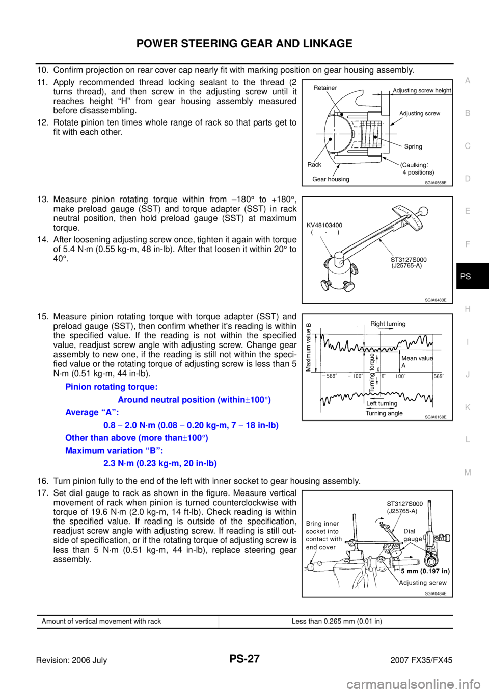 INFINITI FX35 2007  Service Manual POWER STEERING GEAR AND LINKAGE PS-27
C 
D  E 
F 
H  I 
J 
K  L 
M  A 
B
PS 
Revision: 2006 July  2007 FX35/FX45
10. Confirm projection on rear cover cap nearly fit with marking position on gear housi