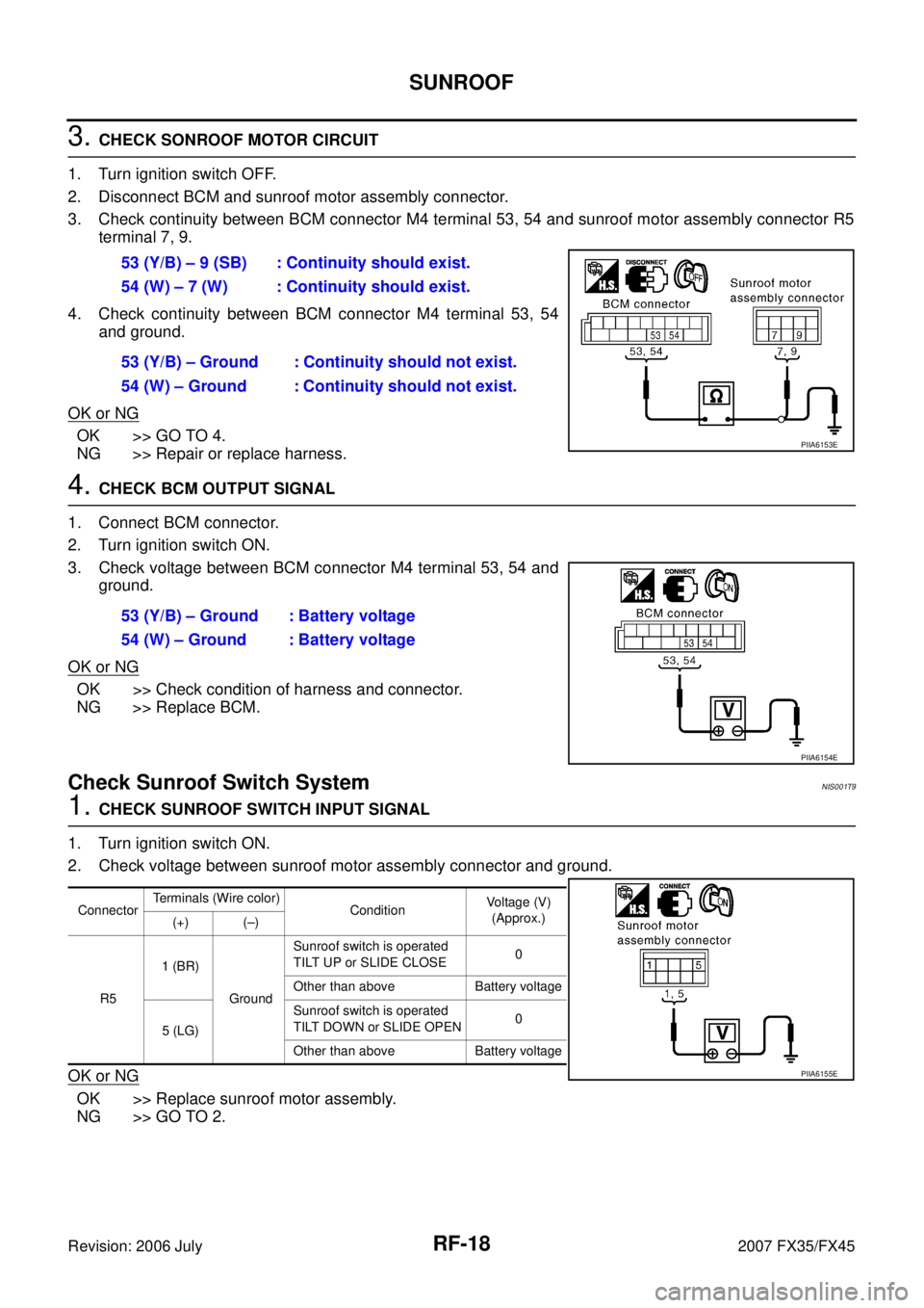 INFINITI FX35 2007  Service Manual RF-18
SUNROOF
Revision: 2006 July 2007 FX35/FX45
3. CHECK SONROOF MOTOR CIRCUIT 
1. Turn ignition switch OFF. 
2. Disconnect BCM and sunroof motor assembly connector.
3. Check continuity between BCM c
