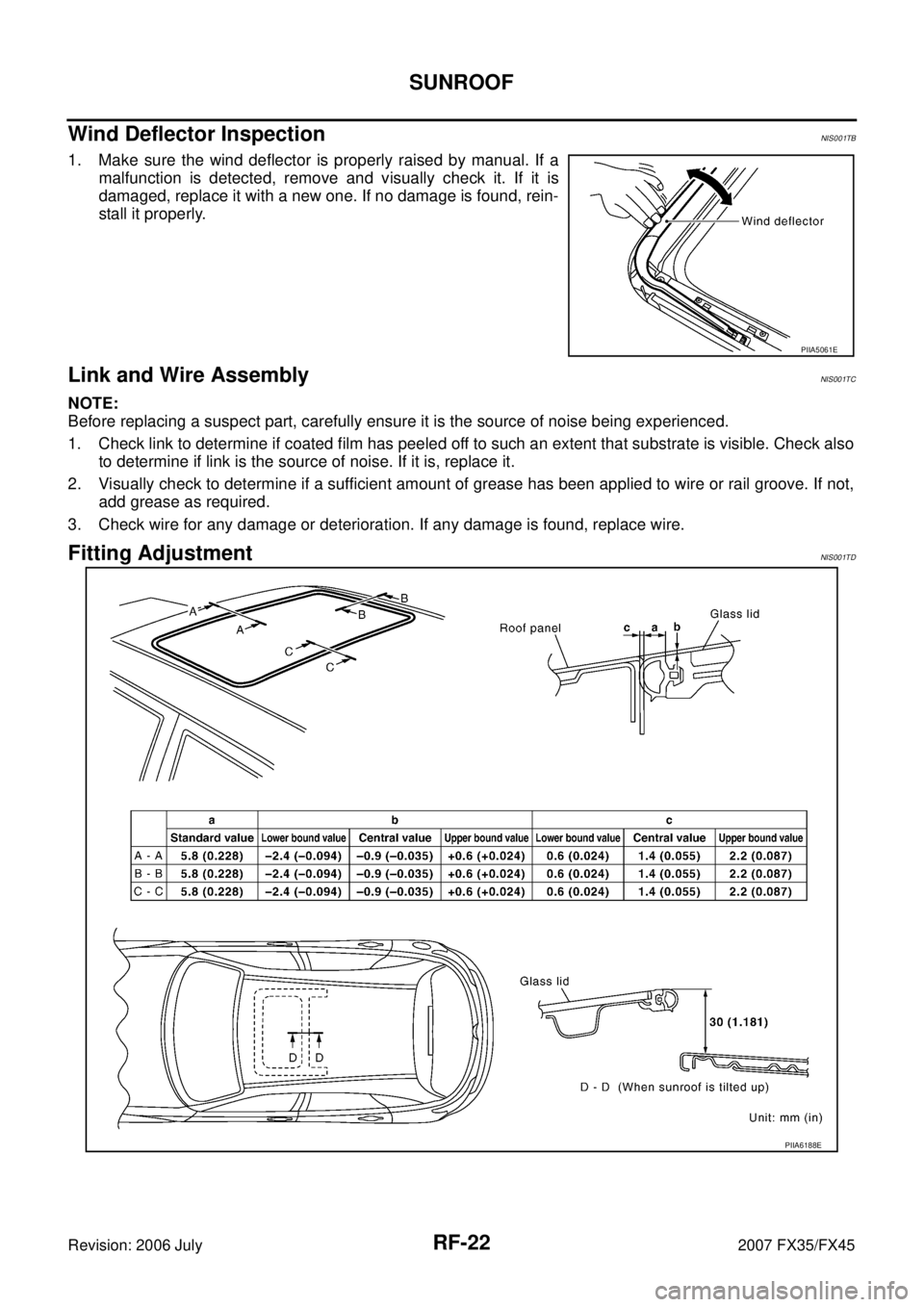 INFINITI FX35 2007  Service Manual RF-22
SUNROOF
Revision: 2006 July 2007 FX35/FX45
Wind Deflector InspectionNIS001TB
1. Make sure the wind deflector is properly raised by manual. If a 
malfunction is detected, remove and visually chec