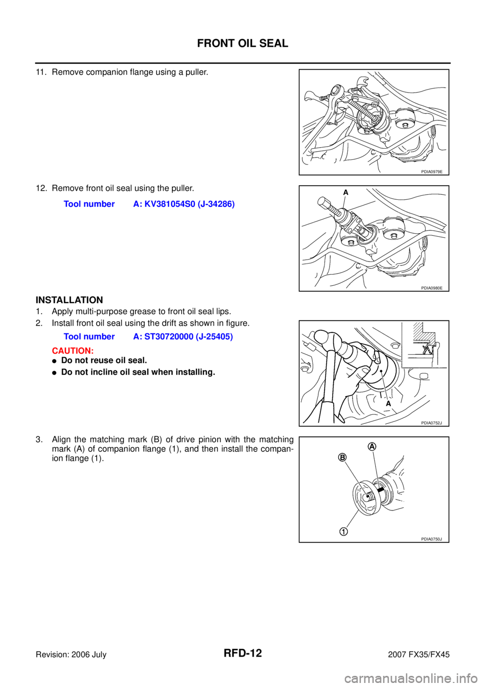 INFINITI FX35 2007  Service Manual RFD-12
FRONT OIL SEAL
Revision: 2006 July 2007 FX35/FX45
11. Remove companion flange using a puller. 
12. Remove front oil seal using the puller.
INSTALLATION
1. Apply multi-purpose grease to front oi