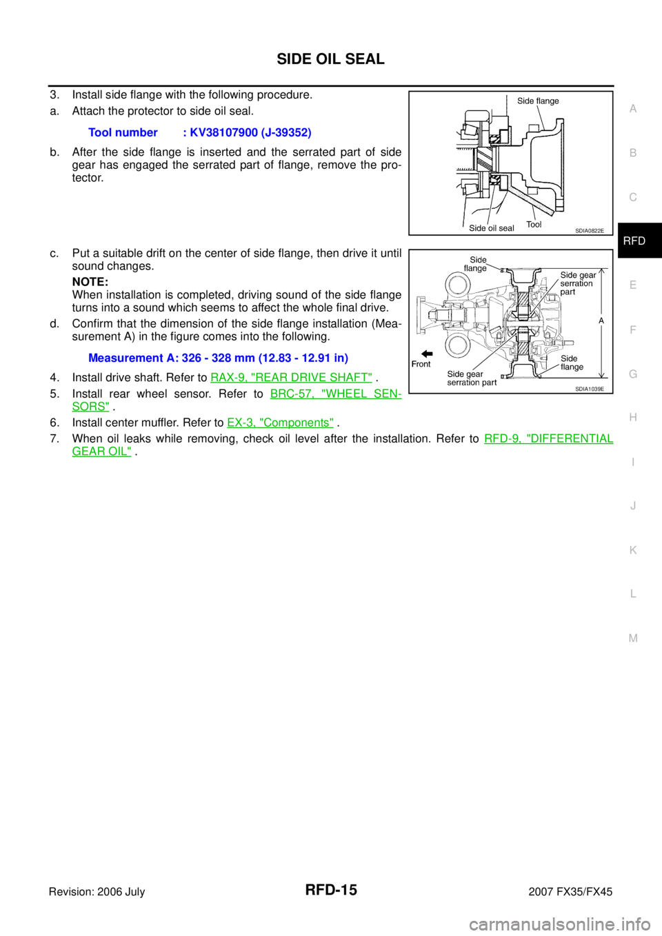 INFINITI FX35 2007 Service Manual SIDE OIL SEAL RFD-15
C E F
G H
I
J
K L
M A
B
RFD
Revision: 2006 July 2007 FX35/FX45
3. Install side flange with the following procedure.
a. Attach the protector to side oil seal.
b. Afte INFINITI FX35 2007 Service Manual SIDE OIL SEAL RFD-15
C E F
G H
I
J
K L
M A
B
RFD
Revision: 2006 July 2007 FX35/FX45
3. Install side flange with the following procedure.
a. Attach the protector to side oil seal.
b. Afte