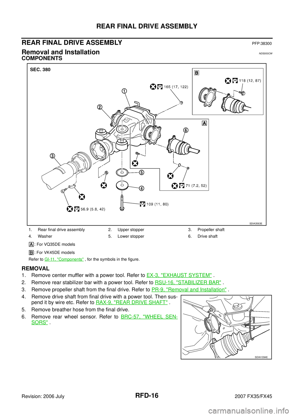 INFINITI FX35 2007  Service Manual RFD-16
REAR FINAL DRIVE ASSEMBLY
Revision: 2006 July 2007 FX35/FX45
REAR FINAL DRIVE ASSEMBLYPFP:38300
Removal and InstallationNDS000CW
COMPONENTS 
REMOVAL
1. Remove center muffler with a power tool. 