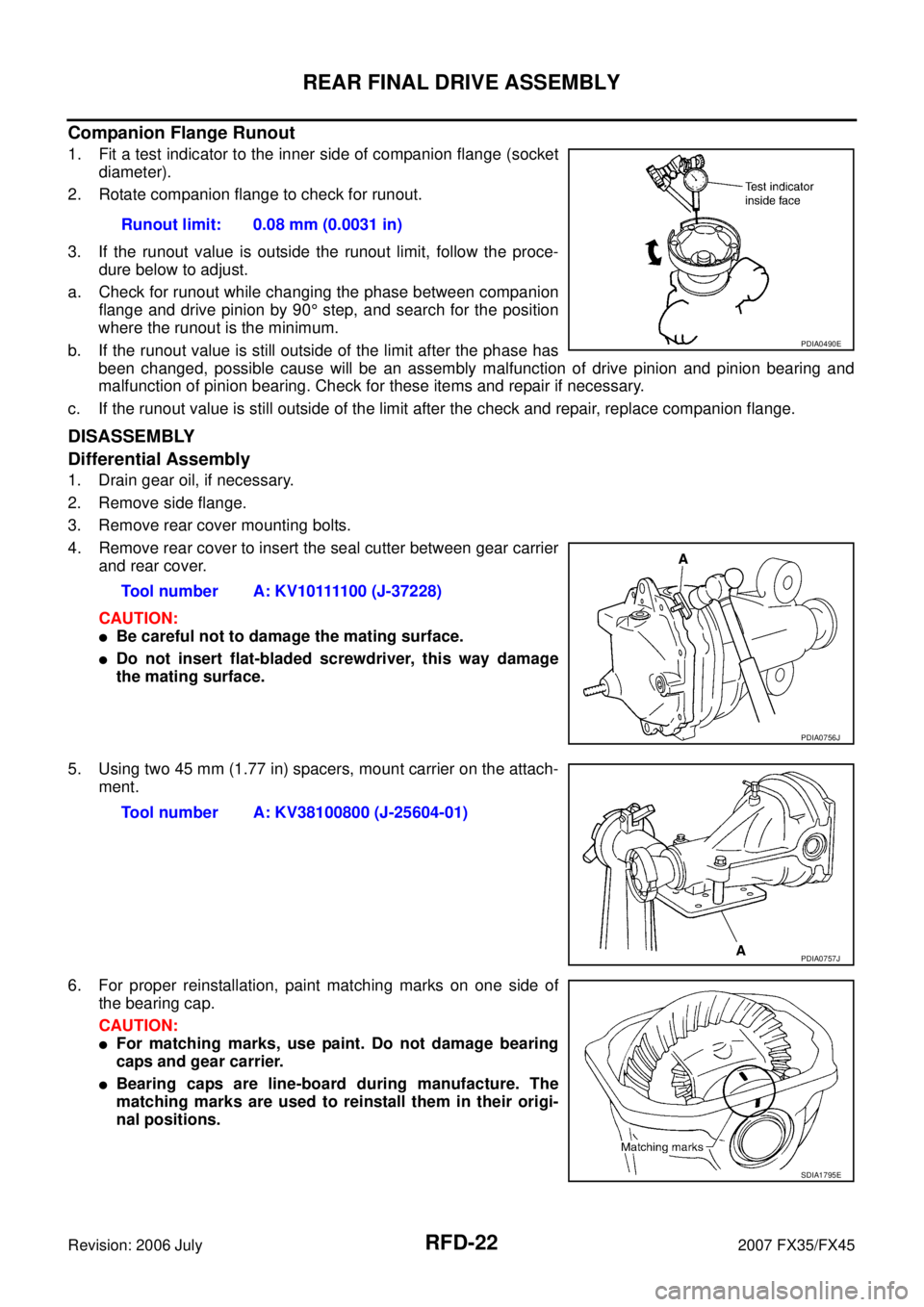 INFINITI FX35 2007  Service Manual RFD-22
REAR FINAL DRIVE ASSEMBLY
Revision: 2006 July 2007 FX35/FX45
Companion Flange Runout
1. Fit a test indicator to the inner side of companion flange (socket 
diameter). 
2. Rotate companion flang
