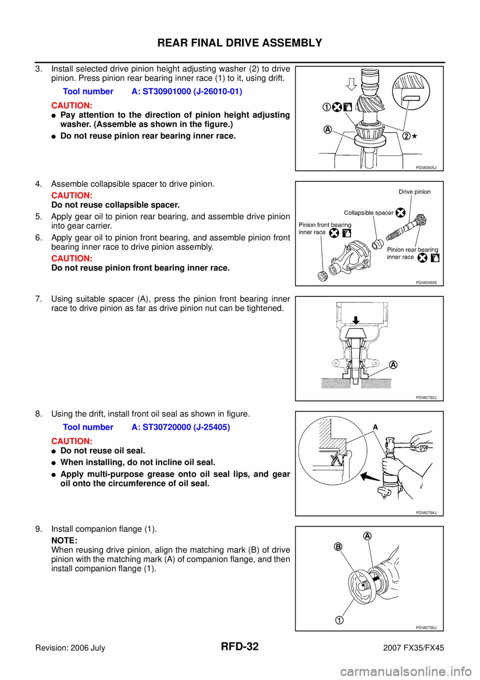 INFINITI FX35 2007 Service Manual RFD-32
REAR FINAL DRIVE ASSEMBLY
Revision: 2006 July 2007 FX35/FX45
3. Install selected drive pinion height adjusting washer (2) to drive
pinion. Press pinion rear bearing inner race (1) to it, using INFINITI FX35 2007 Service Manual RFD-32
REAR FINAL DRIVE ASSEMBLY
Revision: 2006 July 2007 FX35/FX45
3. Install selected drive pinion height adjusting washer (2) to drive
pinion. Press pinion rear bearing inner race (1) to it, using