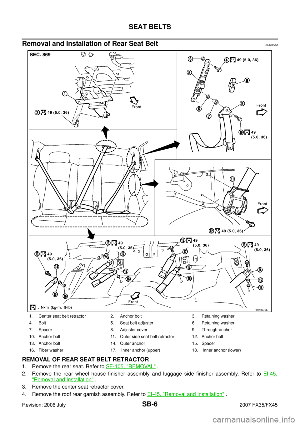 INFINITI FX35 2007  Service Manual SB-6
SEAT BELTS
Revision: 2006 July 2007 FX35/FX45
Removal and Installation of Rear Seat Belt NHS0006Z
REMOVAL OF REAR SEAT BELT RETRACTOR
1. Remove the rear seat. Refer to SE-105, "REMOVAL" . 
2. Rem