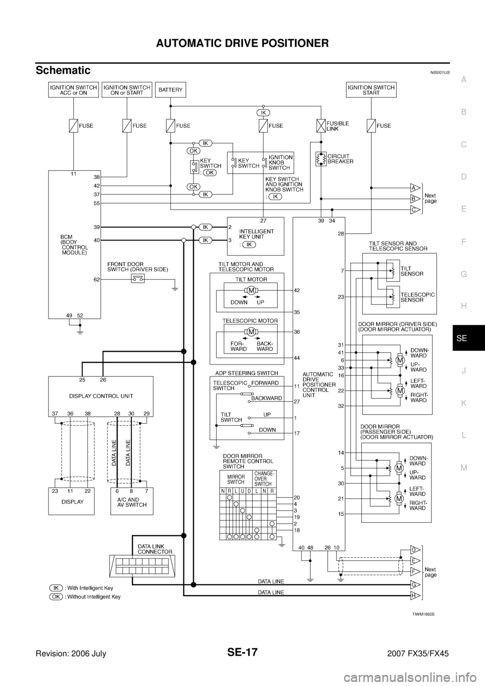 INFINITI FX35 2007  Service Manual AUTOMATIC DRIVE POSITIONER SE-17
C 
D  E 
F 
G  H 
J 
K  L 
M  A 
B
SE 
Revision: 2006 July  2007 FX35/FX45
SchematicNIS001US
TIWM1692E 