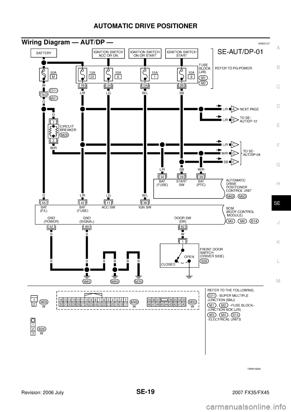 INFINITI FX35 2007  Service Manual AUTOMATIC DRIVE POSITIONER SE-19
C 
D  E 
F 
G  H 
J 
K  L 
M  A 
B
SE 
Revision: 2006 July  2007 FX35/FX45
Wiring Diagram — AUT/DP —NIS001UT
TIWM1694E 