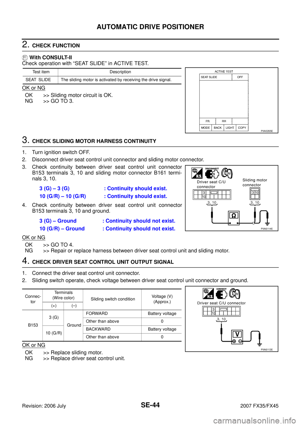 INFINITI FX35 2007 Service Manual SE-44
AUTOMATIC DRIVE POSITIONER
Revision: 2006 July 2007 FX35/FX45
2. CHECK FUNCTION
With CONSULT-II
Check operation with “SEAT SLIDE” in ACTIVE TEST.
OK or NG
OK >> Sliding motor circuit is INFINITI FX35 2007 Service Manual SE-44
AUTOMATIC DRIVE POSITIONER
Revision: 2006 July 2007 FX35/FX45
2. CHECK FUNCTION
With CONSULT-II
Check operation with “SEAT SLIDE” in ACTIVE TEST.
OK or NG
OK >> Sliding motor circuit is