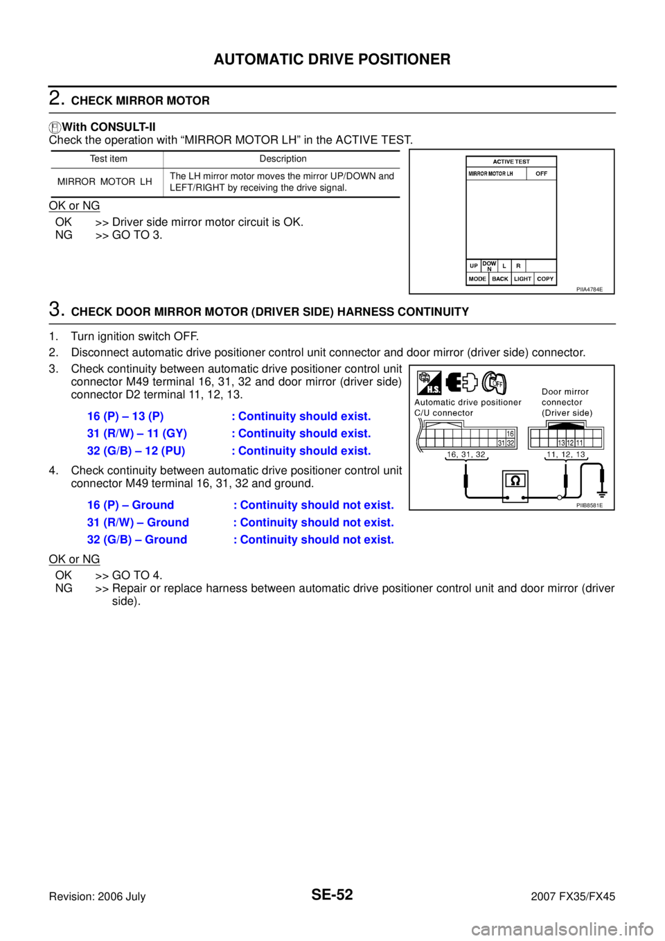 INFINITI FX35 2007 Service Manual SE-52
AUTOMATIC DRIVE POSITIONER
Revision: 2006 July 2007 FX35/FX45
2. CHECK MIRROR MOTOR
With CONSULT-II
Check the operation with “MIRROR MOTOR LH” in the ACTIVE TEST.
OK or NG
OK >> Driver s INFINITI FX35 2007 Service Manual SE-52
AUTOMATIC DRIVE POSITIONER
Revision: 2006 July 2007 FX35/FX45
2. CHECK MIRROR MOTOR
With CONSULT-II
Check the operation with “MIRROR MOTOR LH” in the ACTIVE TEST.
OK or NG
OK >> Driver s