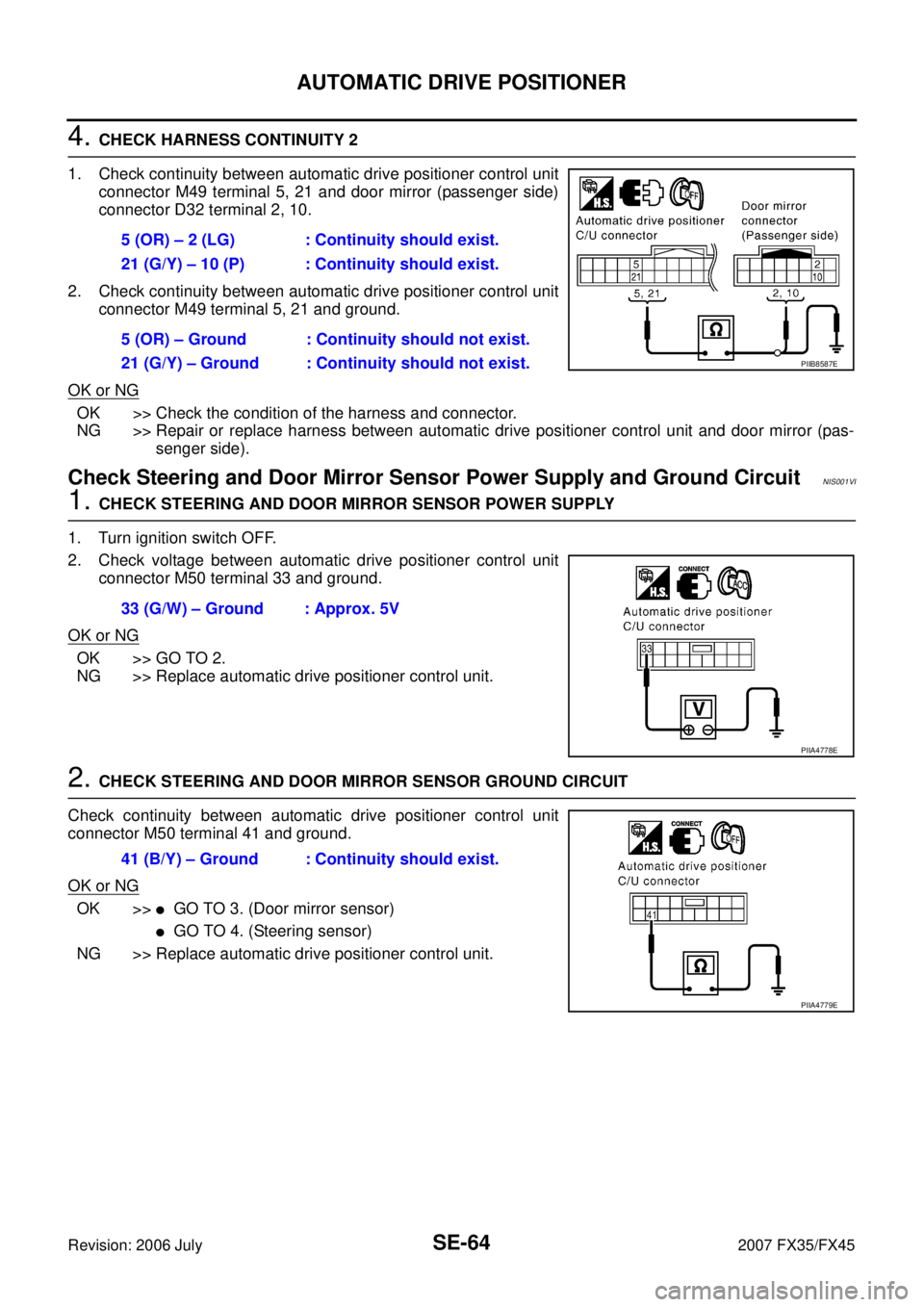 INFINITI FX35 2007 Service Manual SE-64
AUTOMATIC DRIVE POSITIONER
Revision: 2006 July 2007 FX35/FX45
4. CHECK HARNESS CONTINUITY 2
1. Check continuity between automatic drive positioner control unit connector M49 terminal 5, 21 and INFINITI FX35 2007 Service Manual SE-64
AUTOMATIC DRIVE POSITIONER
Revision: 2006 July 2007 FX35/FX45
4. CHECK HARNESS CONTINUITY 2
1. Check continuity between automatic drive positioner control unit connector M49 terminal 5, 21 and