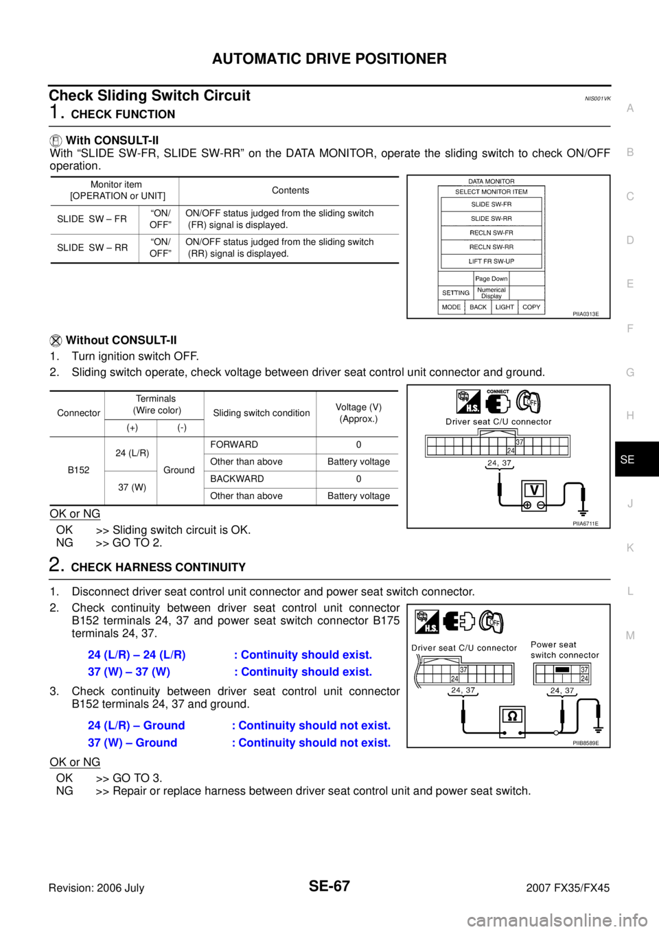 INFINITI FX35 2007 Service Manual AUTOMATIC DRIVE POSITIONER SE-67
C
D E
F
G H
J
K L
M A
B
SE
Revision: 2006 July 2007 FX35/FX45
Check Sliding Switch CircuitNIS001VK
1. CHECK FUNCTION
With CONSULT-II
With “SLIDE SW-F INFINITI FX35 2007 Service Manual AUTOMATIC DRIVE POSITIONER SE-67
C
D E
F
G H
J
K L
M A
B
SE
Revision: 2006 July 2007 FX35/FX45
Check Sliding Switch CircuitNIS001VK
1. CHECK FUNCTION
With CONSULT-II
With “SLIDE SW-F