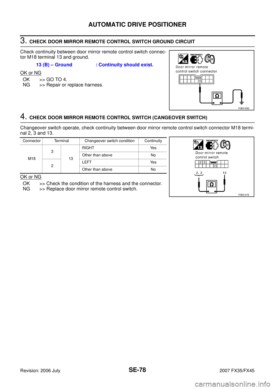 INFINITI FX35 2007  Service Manual SE-78
AUTOMATIC DRIVE POSITIONER
Revision: 2006 July 2007 FX35/FX45
3. CHECK DOOR MIRROR REMOTE CONTROL SWITCH GROUND CIRCUIT 
Check continuity between door mirror remote control switch connec- 
tor M