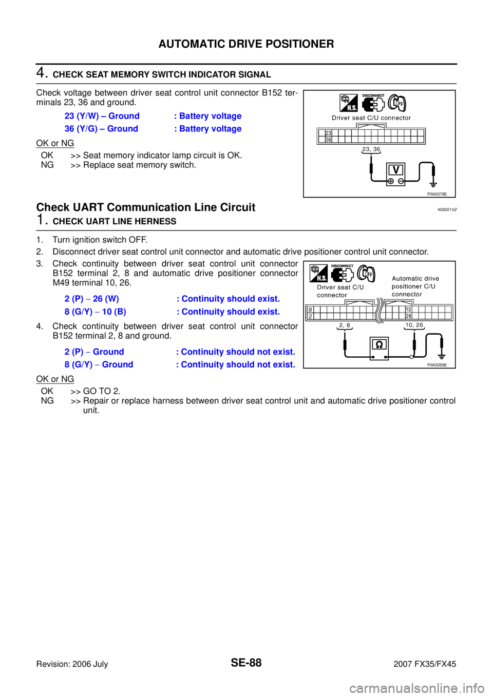 INFINITI FX35 2007 Service Manual SE-88
AUTOMATIC DRIVE POSITIONER
Revision: 2006 July 2007 FX35/FX45
4. CHECK SEAT MEMORY SWITCH INDICATOR SIGNAL
Check voltage between driver seat control unit connector B152 ter-
minals 23, 36 and INFINITI FX35 2007 Service Manual SE-88
AUTOMATIC DRIVE POSITIONER
Revision: 2006 July 2007 FX35/FX45
4. CHECK SEAT MEMORY SWITCH INDICATOR SIGNAL
Check voltage between driver seat control unit connector B152 ter-
minals 23, 36 and