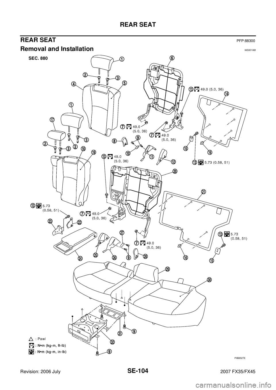 INFINITI FX35 2007  Service Manual SE-104
REAR SEAT
Revision: 2006 July 2007 FX35/FX45
REAR SEATPFP:88300
Removal and InstallationNIS001W8
PIIB8527E 