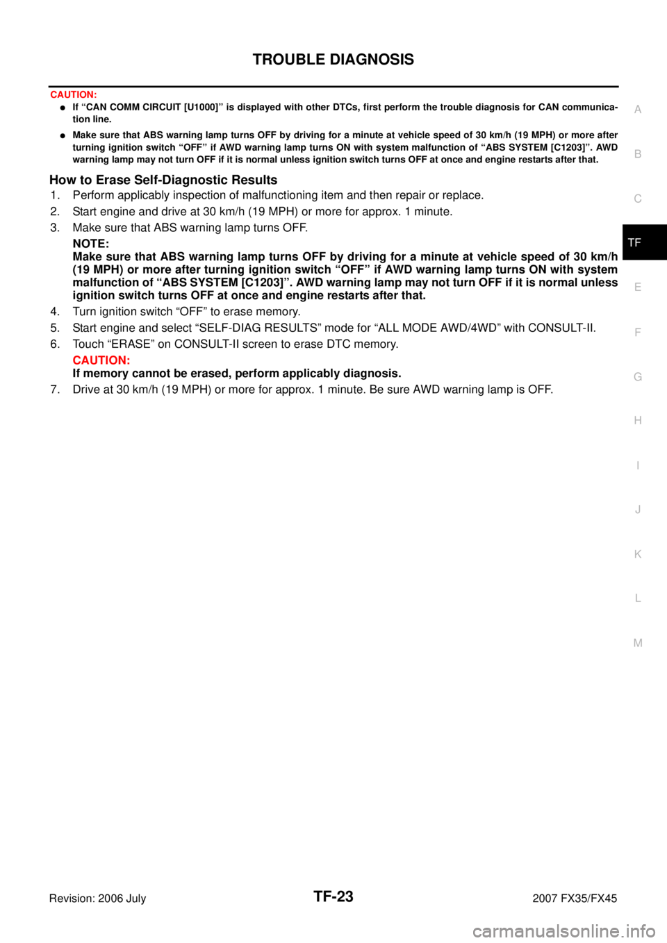 INFINITI FX35 2007  Service Manual TROUBLE DIAGNOSIS TF-23
C E  F 
G  H 
I 
J 
K  L 
M  A 
B
TF 
Revision: 2006 July  2007 FX35/FX45
CAUTION:
If “CAN COMM CIRCUIT [U1000]” is displayed with other DTCs, first perform the trouble di