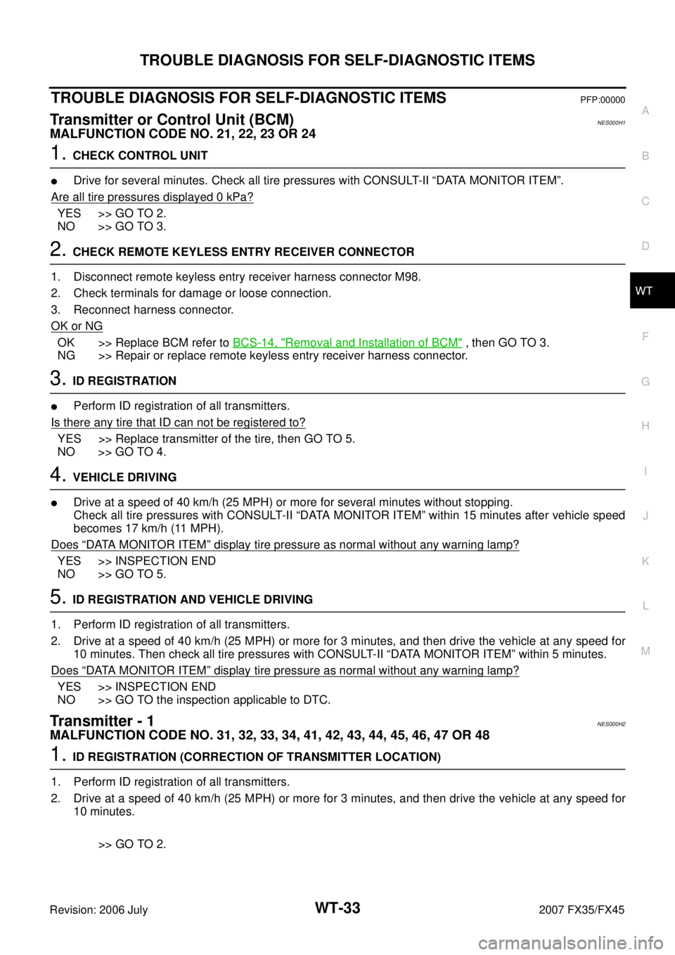 INFINITI FX35 2007  Service Manual TROUBLE DIAGNOSIS FOR SELF-DIAGNOSTIC ITEMS WT-33
C 
D 
F 
G  H 
I 
J 
K  L 
M  A 
B
WT 
Revision: 2006 July  2007 FX35/FX45
TROUBLE DIAGNOSIS FOR SELF-DIAGNOSTIC ITEMSPFP:00000
Transmitter or Control