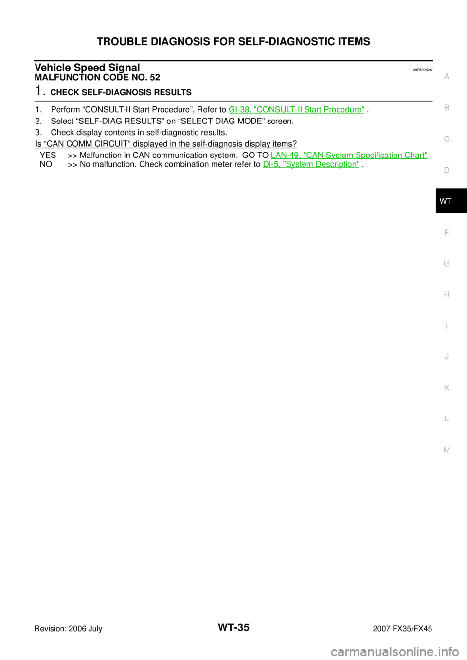 INFINITI FX35 2007  Service Manual TROUBLE DIAGNOSIS FOR SELF-DIAGNOSTIC ITEMS WT-35
C 
D 
F 
G  H 
I 
J 
K  L 
M  A 
B
WT 
Revision: 2006 July  2007 FX35/FX45
Vehicle Speed SignalNES000H4
MALFUNCTION CODE NO. 52
1. CHECK SELF-DIAGNOSI