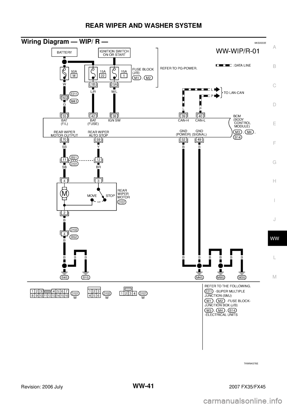 INFINITI FX35 2007  Service Manual REAR WIPER AND WASHER SYSTEM WW-41
C 
D  E 
F 
G  H 
I 
J 
L 
M  A 
B
WW 
Revision: 2006 July  2007 FX35/FX45
Wiring Diagram — WIP/ R —NKS00335
TKWM4376E 