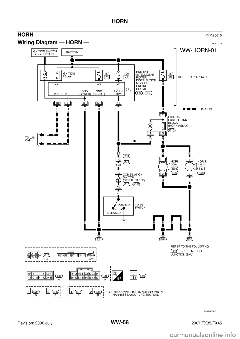 INFINITI FX35 2007  Service Manual WW-58
HORN
Revision: 2006 July 2007 FX35/FX45
HORNPFP:25610
Wiring Diagram — HORN —NKS0033W
TKWM4378E 