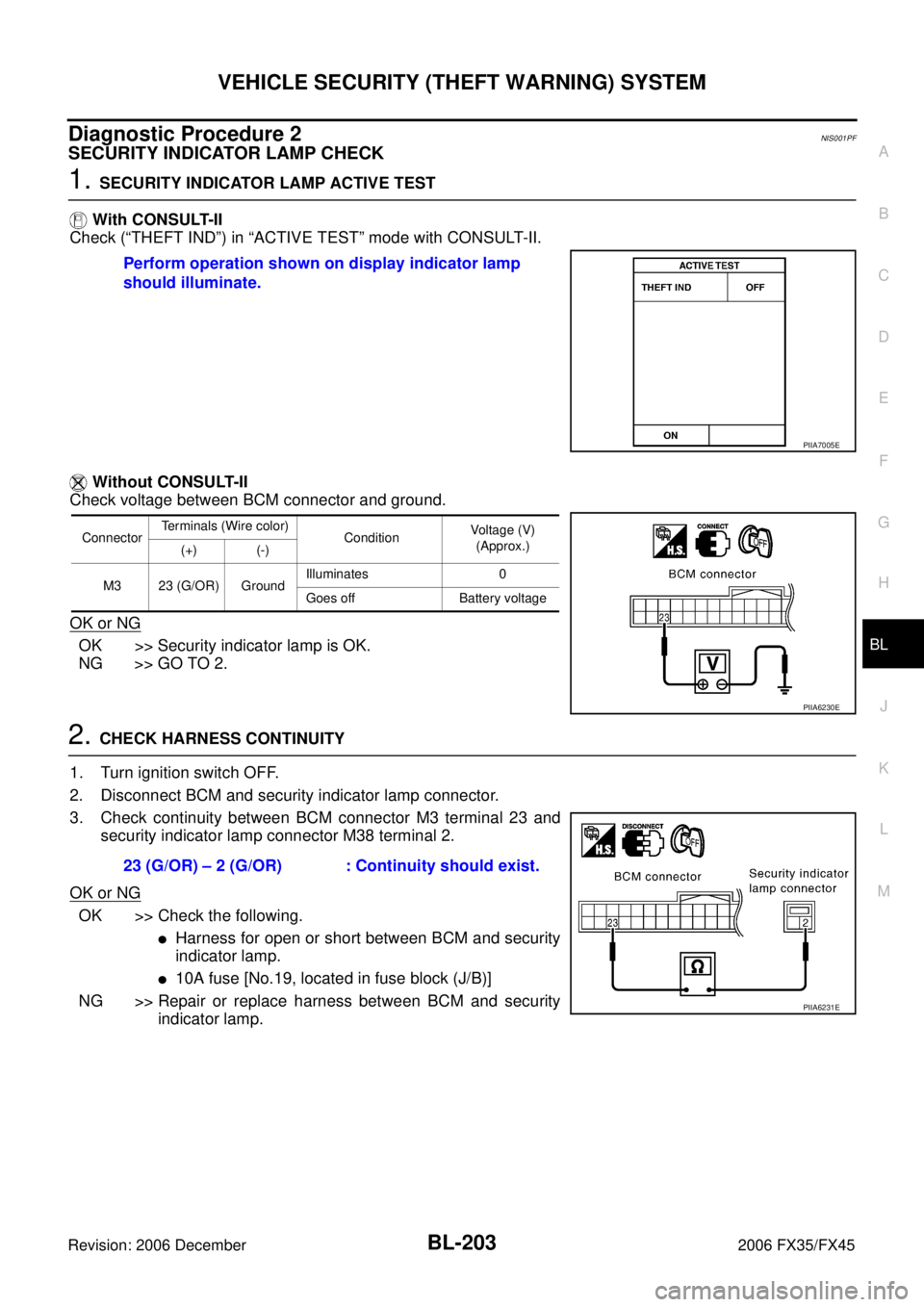 INFINITI FX35 2006 Service Manual VEHICLE SECURITY (THEFT WARNING) SYSTEM BL-203
C
D E
F
G H
J
K L
M A
B
BL
Revision: 2006 December 2006 FX35/FX45
Diagnostic Procedure 2NIS001PF
SECURITY INDICATOR LAMP CHECK
1. SECURITY IN INFINITI FX35 2006 Service Manual VEHICLE SECURITY (THEFT WARNING) SYSTEM BL-203
C
D E
F
G H
J
K L
M A
B
BL
Revision: 2006 December 2006 FX35/FX45
Diagnostic Procedure 2NIS001PF
SECURITY INDICATOR LAMP CHECK
1. SECURITY IN