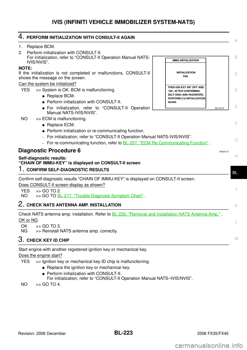 INFINITI FX35 2006 Service Manual IVIS (INFINITI VEHICLE IMMOBILIZER SYSTEM-NATS) BL-223
C
D E
F
G H
J
K L
M A
B
BL
Revision: 2006 December 2006 FX35/FX45
4. PERFORM INITIALIZATION WITH CONSULT-II AGAIN
1. Replace BCM.
2 INFINITI FX35 2006 Service Manual IVIS (INFINITI VEHICLE IMMOBILIZER SYSTEM-NATS) BL-223
C
D E
F
G H
J
K L
M A
B
BL
Revision: 2006 December 2006 FX35/FX45
4. PERFORM INITIALIZATION WITH CONSULT-II AGAIN
1. Replace BCM.
2