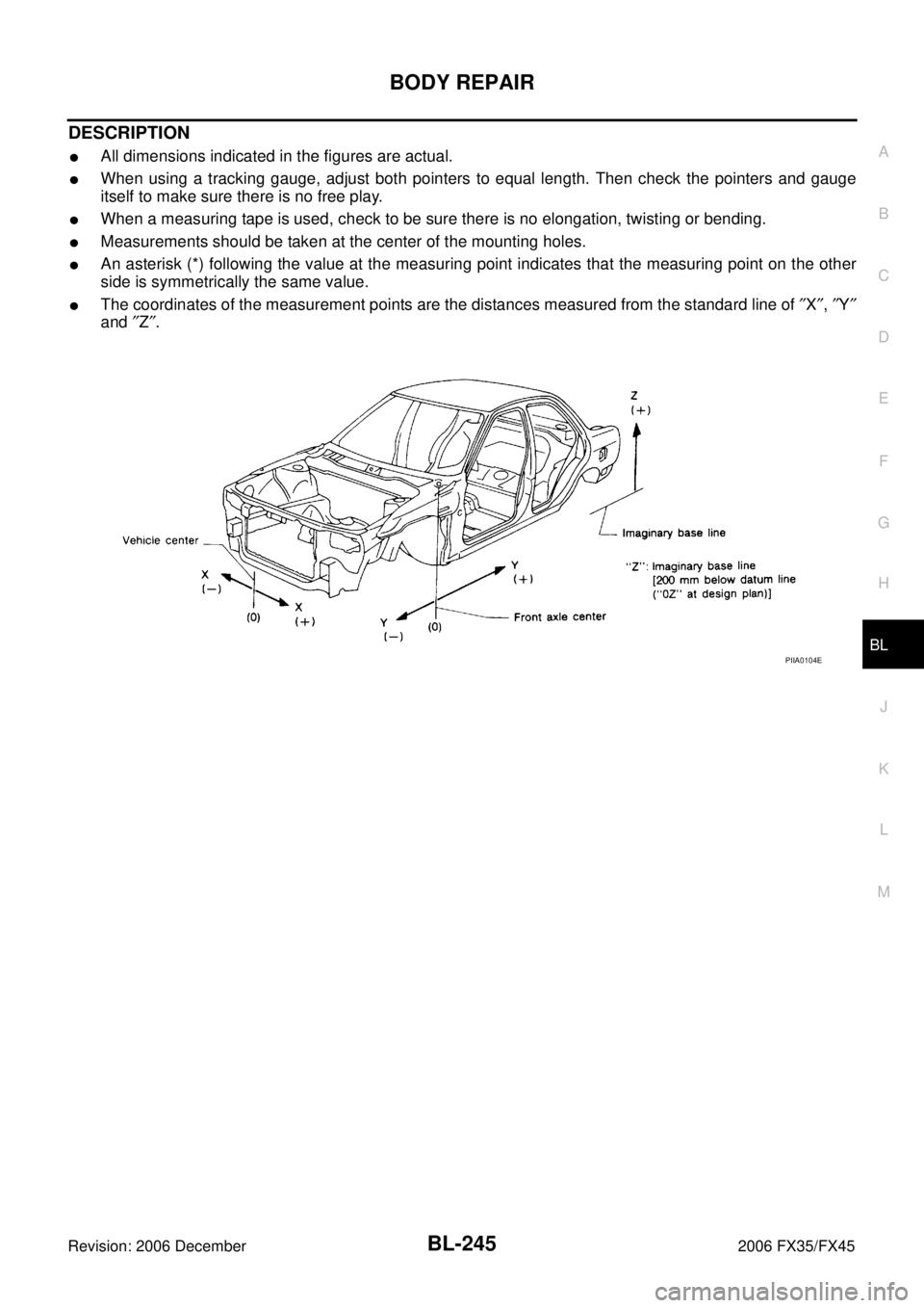 INFINITI FX35 2006  Service Manual BODY REPAIR BL-245
C 
D  E 
F 
G  H 
J 
K  L 
M  A 
B
BL 
Revision: 2006 December 2006 FX35/FX45
DESCRIPTION
All dimensions indicated in the figures are actual.
When using a tracking gauge, adjust b