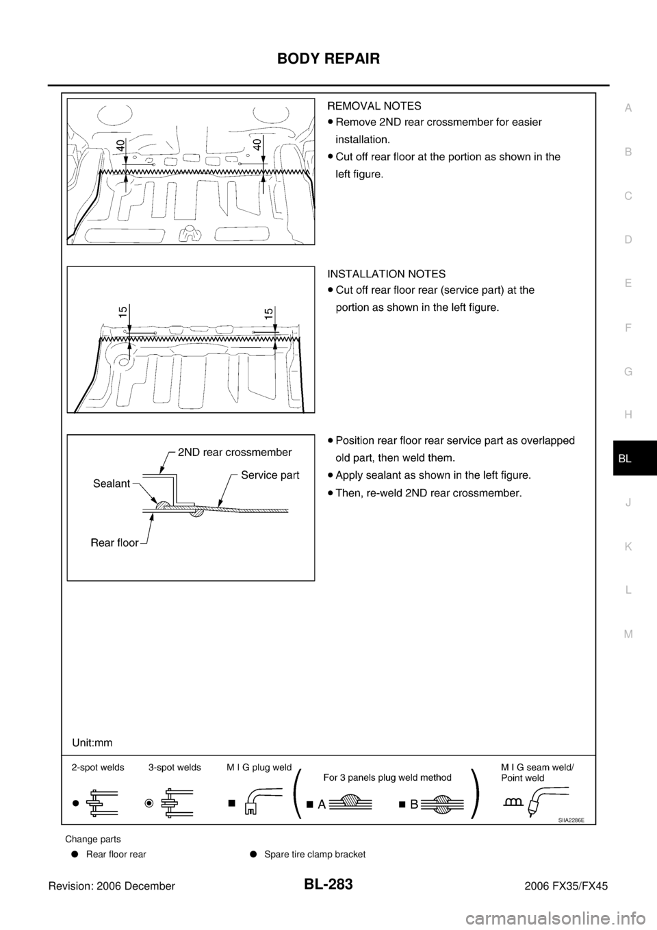 INFINITI FX35 2006  Service Manual BODY REPAIR BL-283
C 
D  E 
F 
G  H 
J 
K  L 
M  A 
B
BL 
Revision: 2006 December 2006 FX35/FX45
SIIA2286E
Change parts    Rear floor rear Spare tire clamp bracket 