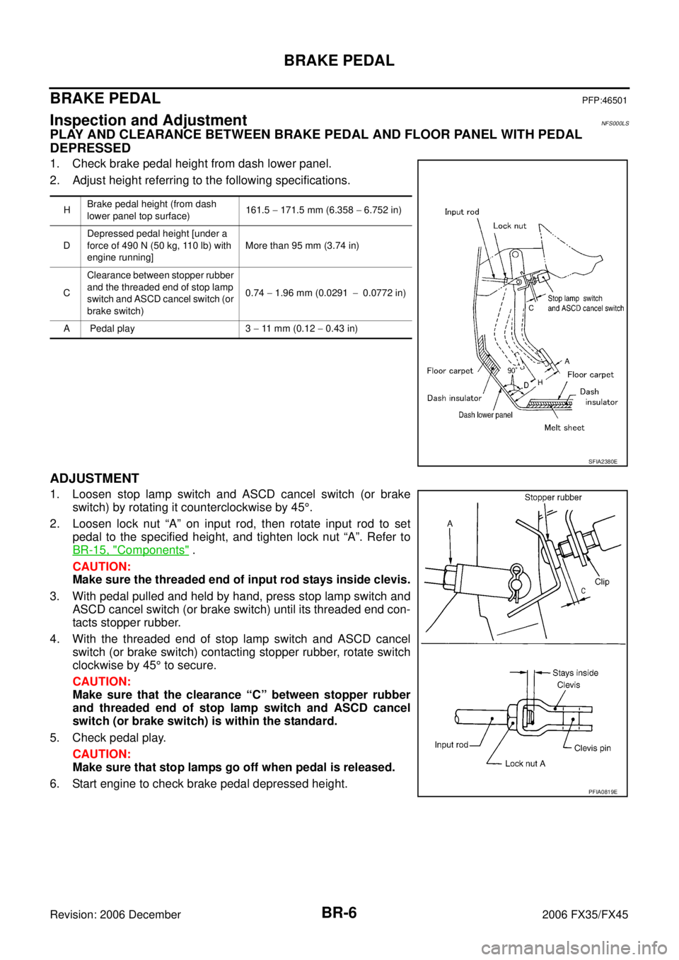 INFINITI FX35 2006 Service Manual BR-6
BRAKE PEDAL
Revision: 2006 December 2006 FX35/FX45
BRAKE PEDALPFP:46501
Inspection and AdjustmentNFS000LS
PLAY AND CLEARANCE BETWEEN BRAKE PEDAL AND FLOOR PANEL WITH PEDAL
DEPRESSED
1. Check br INFINITI FX35 2006 Service Manual BR-6
BRAKE PEDAL
Revision: 2006 December 2006 FX35/FX45
BRAKE PEDALPFP:46501
Inspection and AdjustmentNFS000LS
PLAY AND CLEARANCE BETWEEN BRAKE PEDAL AND FLOOR PANEL WITH PEDAL
DEPRESSED
1. Check br