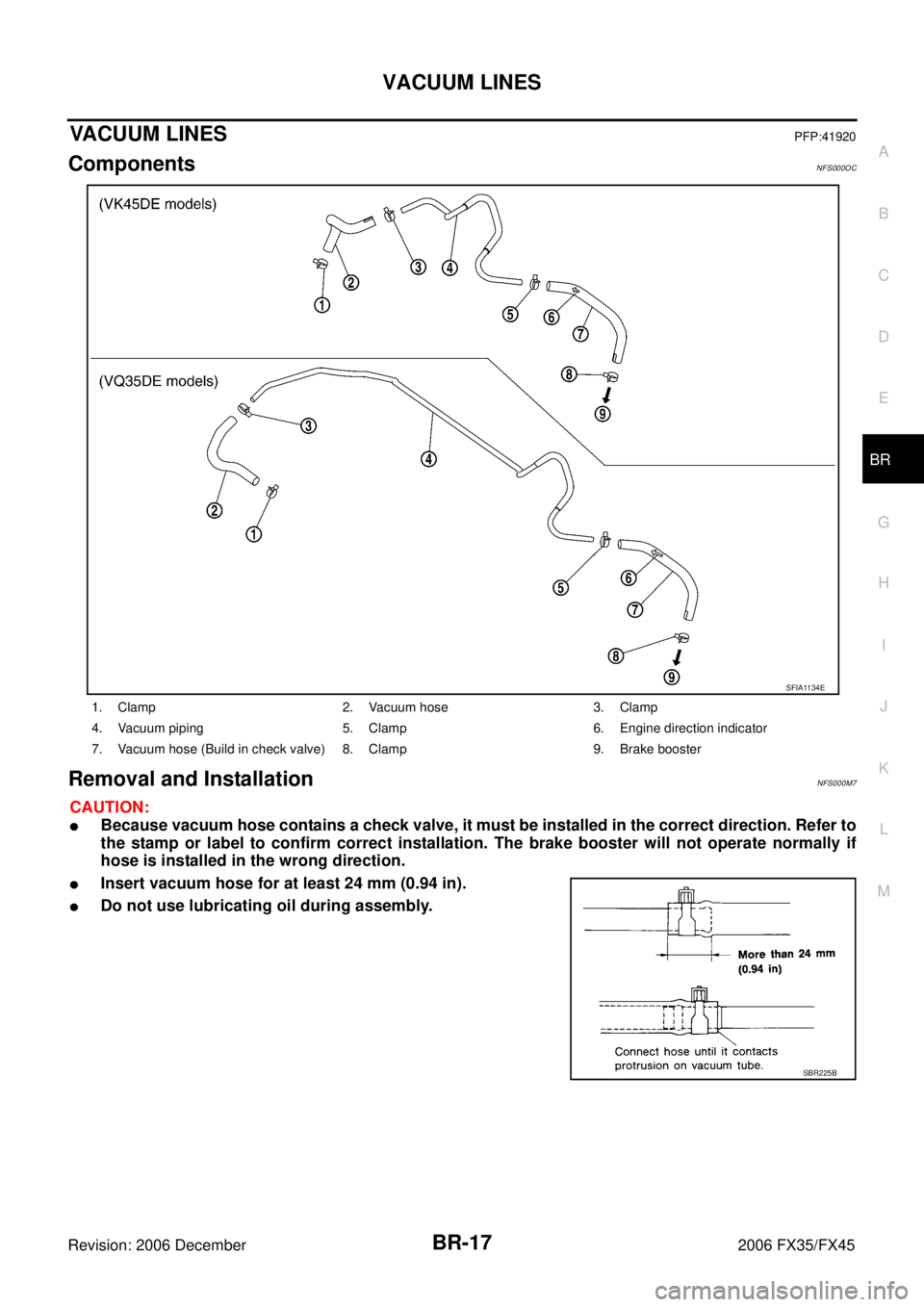 INFINITI FX35 2006  Service Manual VACUUM LINES BR-17
C 
D  E 
G  H 
I 
J 
K  L 
M  A 
B
BR 
Revision: 2006 December 2006 FX35/FX45
VACUUM LINESPFP:41920
ComponentsNFS000OC
Removal and InstallationNFS000M7
CAUTION:
Because vacuum hose