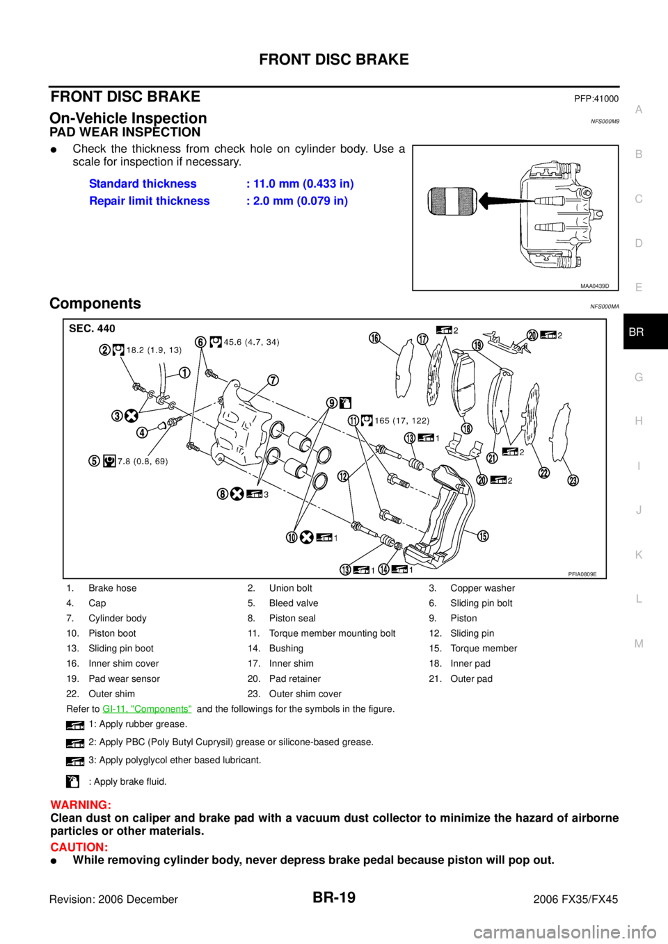 INFINITI FX35 2006 Service Manual FRONT DISC BRAKE BR-19
C
D E
G H
I
J
K L
M A
B
BR
Revision: 2006 December 2006 FX35/FX45
FRONT DISC BRAKEPFP:41000
On-Vehicle InspectionNFS000M9
PAD WEAR INSPECTION
Check the thickness fr INFINITI FX35 2006 Service Manual FRONT DISC BRAKE BR-19
C
D E
G H
I
J
K L
M A
B
BR
Revision: 2006 December 2006 FX35/FX45
FRONT DISC BRAKEPFP:41000
On-Vehicle InspectionNFS000M9
PAD WEAR INSPECTION
Check the thickness fr