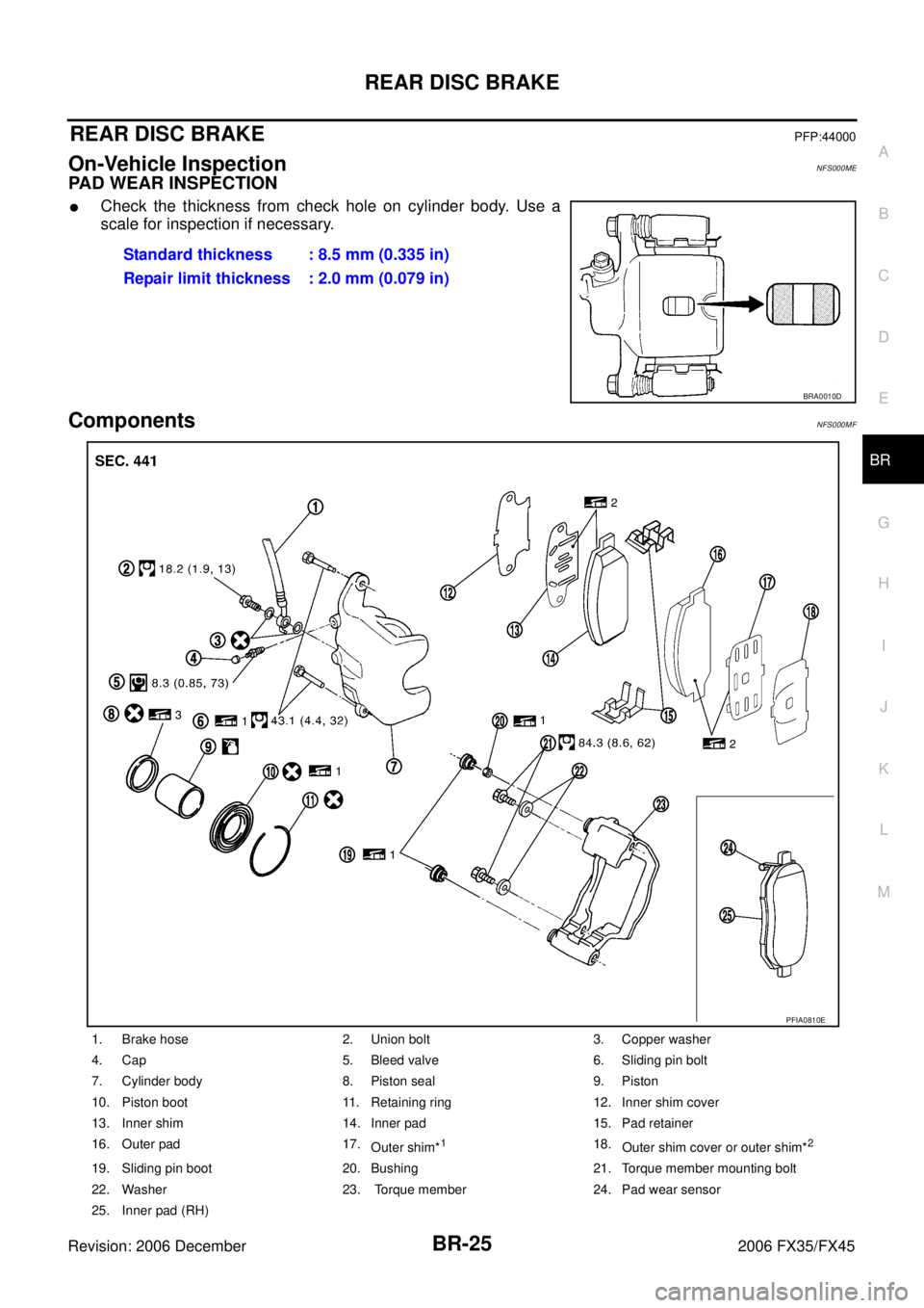 INFINITI FX35 2006  Service Manual REAR DISC BRAKE BR-25
C 
D  E 
G  H 
I 
J 
K  L 
M  A 
B
BR 
Revision: 2006 December 2006 FX35/FX45
REAR DISC BRAKEPFP:44000
On-Vehicle InspectionNFS000ME
PAD WEAR INSPECTION
Check the thickness from