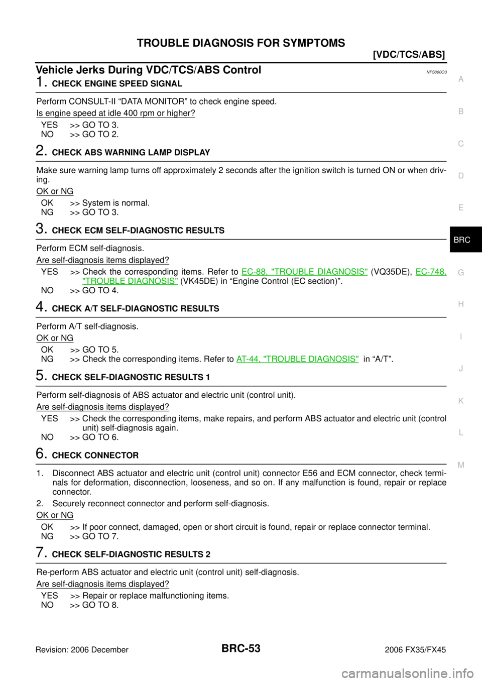 INFINITI FX35 2006  Service Manual TROUBLE DIAGNOSIS FOR SYMPTOMS BRC-53
[VDC/TCS/ABS]
C 
D  E 
G  H 
I 
J 
K  L 
M  A 
B
BRC 
Revision: 2006 December 2006 FX35/FX45
Vehicle Jerks During VDC/TCS/ABS ControlNFS000O3
1. CHECK ENGINE SPEE