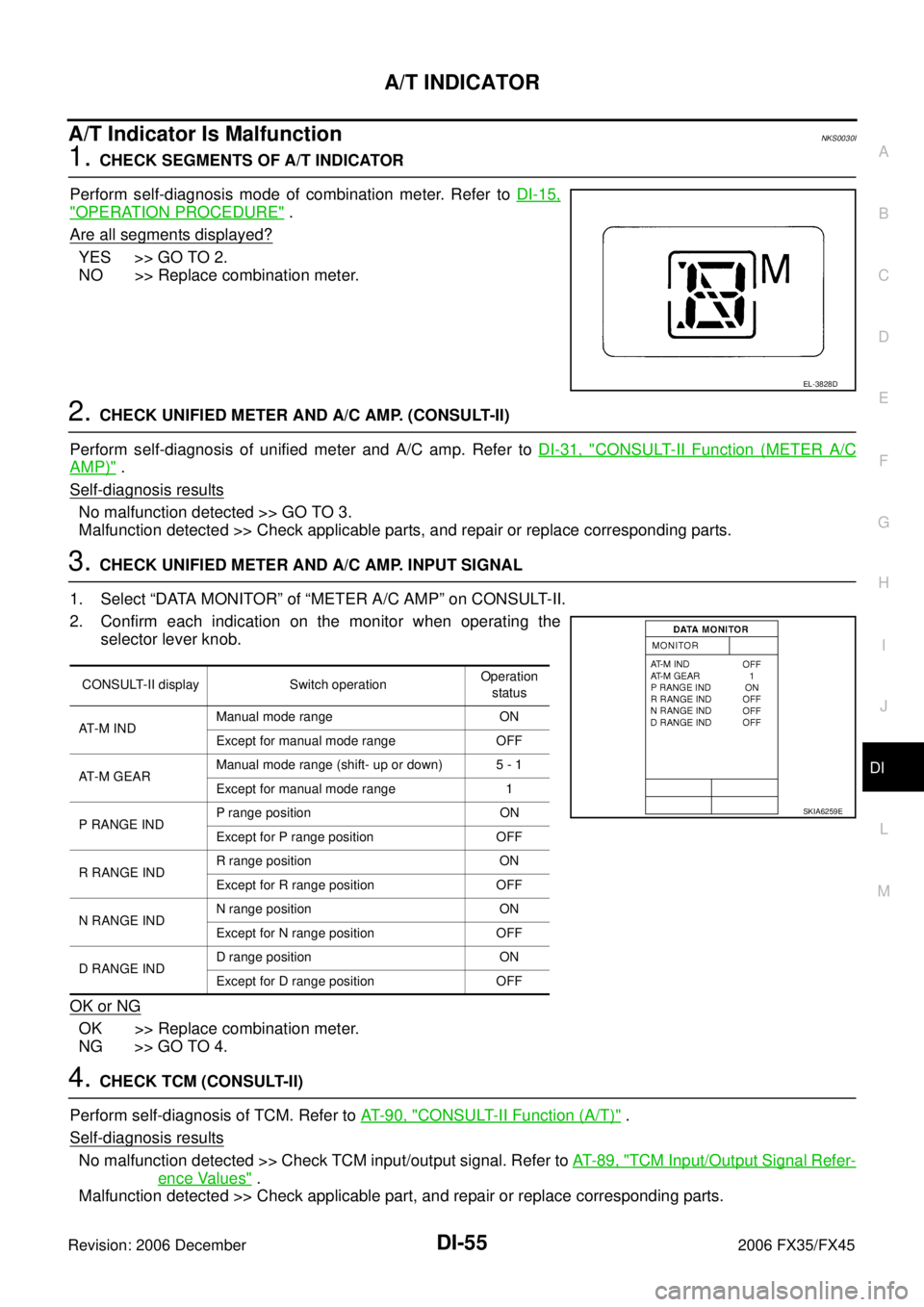 INFINITI FX35 2006 Service Manual A/T INDICATOR DI-55
C
D E
F
G H
I
J
L
M A
B
DI
Revision: 2006 December 2006 FX35/FX45
A/T Indicator Is MalfunctionNKS0030I
1. CHECK SEGMENTS OF A/T INDICATOR
Perform self-diagnosis mode o INFINITI FX35 2006 Service Manual A/T INDICATOR DI-55
C
D E
F
G H
I
J
L
M A
B
DI
Revision: 2006 December 2006 FX35/FX45
A/T Indicator Is MalfunctionNKS0030I
1. CHECK SEGMENTS OF A/T INDICATOR
Perform self-diagnosis mode o