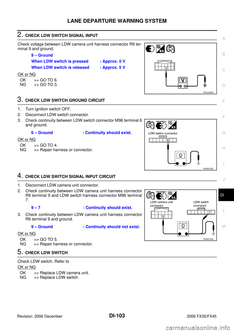 INFINITI FX35 2006 Service Manual LANE DEPARTURE WARNING SYSTEM DI-103
C
D E
F
G H
I
J
L
M A
B
DI
Revision: 2006 December 2006 FX35/FX45
2. CHECK LDW SWITCH SIGNAL INPUT
Check voltage between LDW camera unit harness conne INFINITI FX35 2006 Service Manual LANE DEPARTURE WARNING SYSTEM DI-103
C
D E
F
G H
I
J
L
M A
B
DI
Revision: 2006 December 2006 FX35/FX45
2. CHECK LDW SWITCH SIGNAL INPUT
Check voltage between LDW camera unit harness conne
