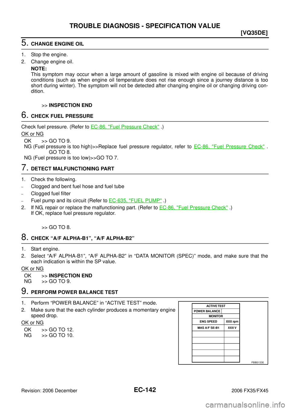 INFINITI FX35 2006  Service Manual EC-142
[VQ35DE]
TROUBLE DIAGNOSIS - SPECIFICATION VALUE
Revision: 2006 December 2006 FX35/FX45
5. CHANGE ENGINE OIL 
1. Stop the engine. 
2. Change engine oil. NOTE: 
This symptom may occur when a lar
