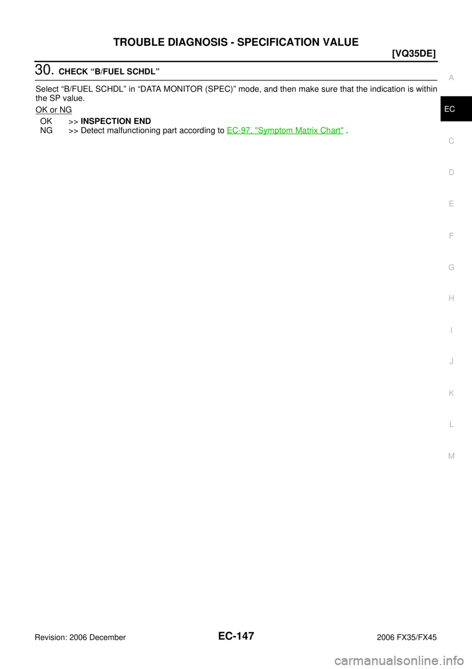 INFINITI FX35 2006  Service Manual TROUBLE DIAGNOSIS - SPECIFICATION VALUE EC-147
[VQ35DE]
C 
D  E 
F 
G  H 
I 
J 
K  L 
M  A
EC 
Revision: 2006 December 2006 FX35/FX45
30. CHECK “B/FUEL SCHDL” 
Select “B/FUEL SCHDL” in “DATA