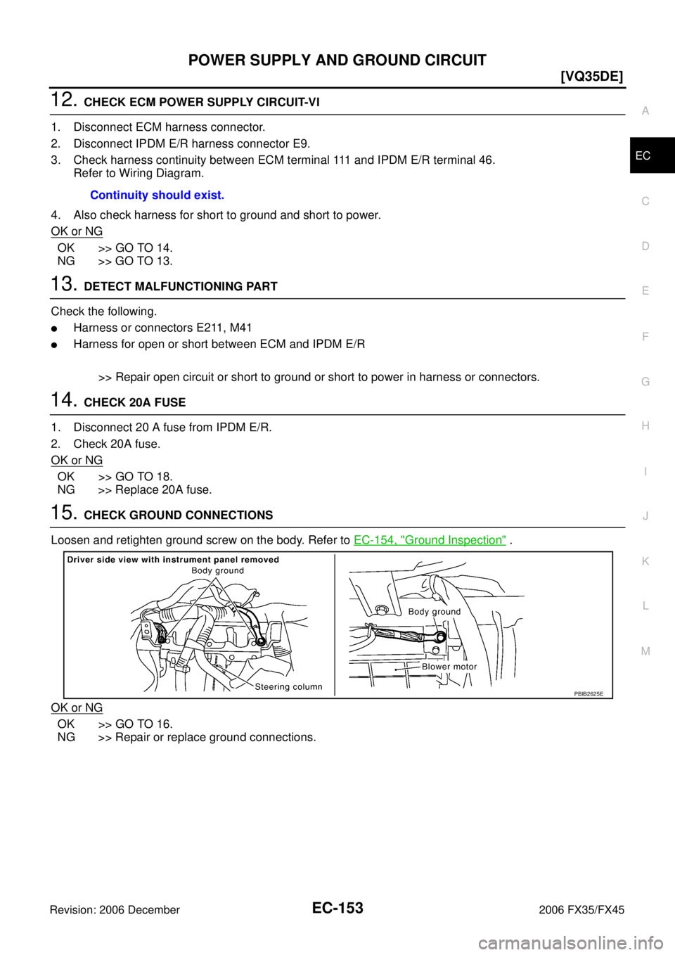 INFINITI FX35 2006  Service Manual POWER SUPPLY AND GROUND CIRCUIT EC-153
[VQ35DE]
C 
D  E 
F 
G  H 
I 
J 
K  L 
M  A
EC 
Revision: 2006 December 2006 FX35/FX45
12. CHECK ECM POWER SUPPLY CIRCUIT-VI 
1. Disconnect ECM harness connector